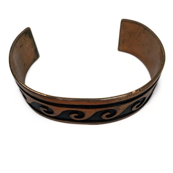 Vintage Marked Solid Copper Cuff Bracelet Enamel Wave Design 1.5"W Adjustable - Picture 6 of 6